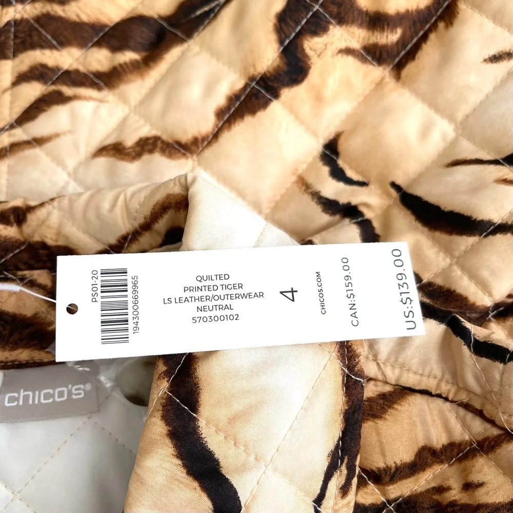 Chico's Jacket Women’s 4 US 20/22 Brown Tiger Prints Quilted Pockets Long Sleeve